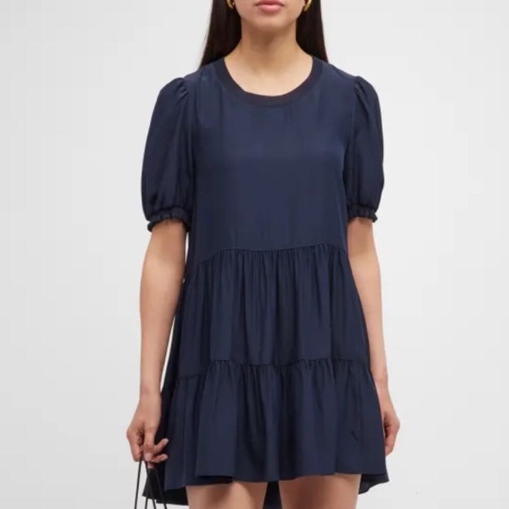 Cinq a Sept Emalina Silk Tiered Short Sleeve Mini Swing Dress Navy Blue XS